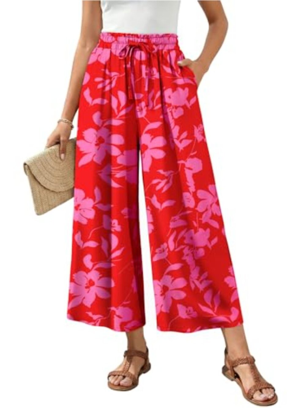 Women Wide Leg Palazzo Pants High Waist Drawstring Cropped Casual Lounge